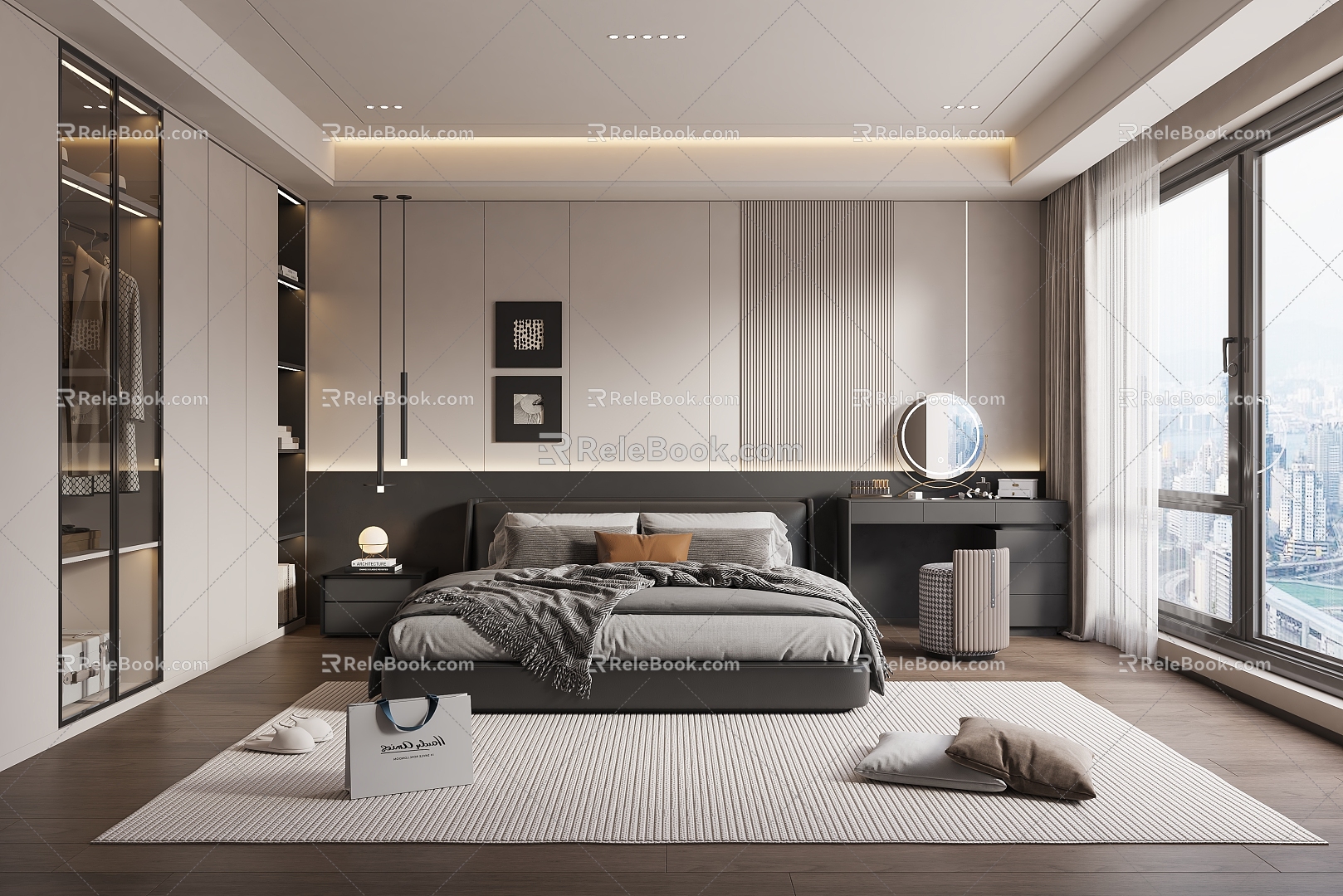 Modern minimalist black and white bedroom 3d model