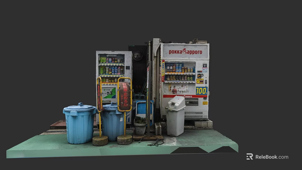 Doxer Sapporo Vending Machines With Blue Trash Bins And Outdoor Setup 3d model 