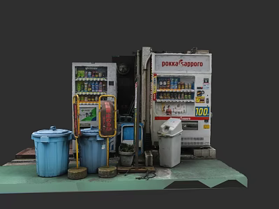 Doxer Sapporo Vending Machines With Blue Trash Bins And Outdoor Setup 3d model