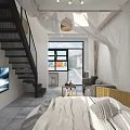Modern Loft Interior With Open Living Area Kitchen Sofa Staircase And Pendant Light