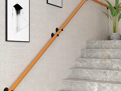 Wooden Stair Railing With Marble Steps Green Plant And Black White Wall Art 3d model