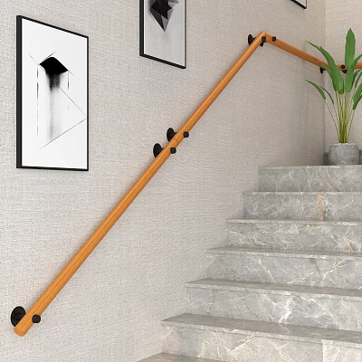 Wooden Stair Railing With Marble Steps Green Plant And Black White Wall Art 3d model