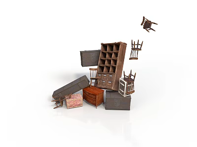 Assorted Wooden Furniture Collection Featuring Bookshelf Chairs Cabinets And Stacked Items 3d model