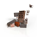 Assorted Wooden Furniture Collection Featuring Bookshelf Chairs Cabinets And Stacked Items