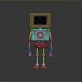 Humanoid Robot Character Featuring Screen Head With Green Smiley Silver Metallic Body And Circular Joints