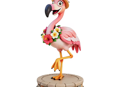 Pink Flamingo Art Installation With Hat Floral Wreath Standing On One Leg Pedestal Base 3d model