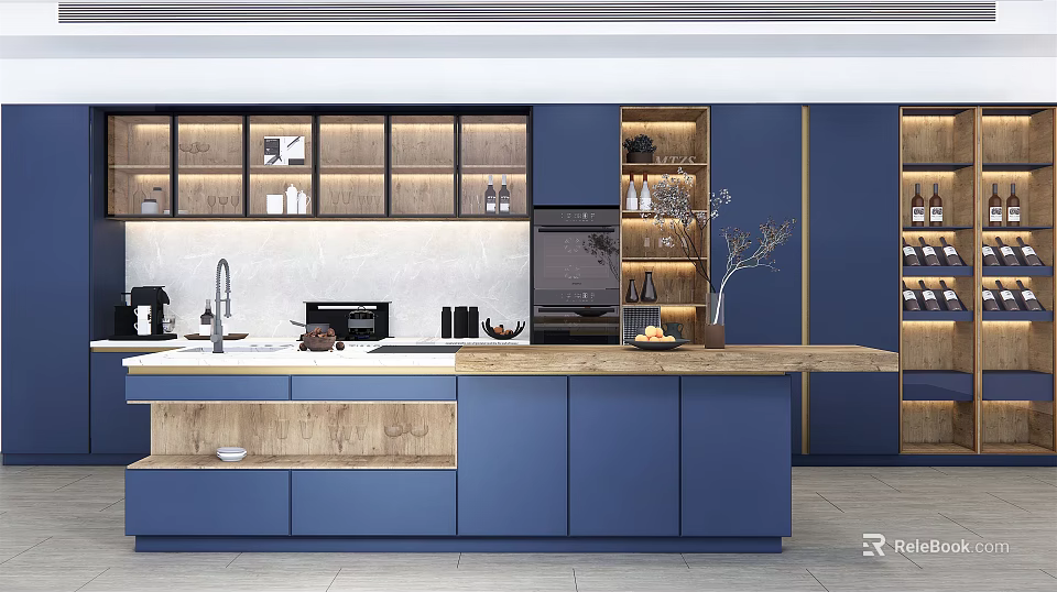 Modern Blue Kitchen Interior With Open Layout And Marble Countertop Cabinets 3d model