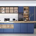 Modern Blue Kitchen Interior With Open Layout And Marble Countertop Cabinets 3d model