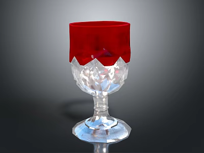 Transparent Crystal Stemmed Goblet With Red Rim And Faceted Design 3d model