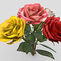 Colorful Roses Bouquet With Yellow Pink White Red Flowers And Green Leaves