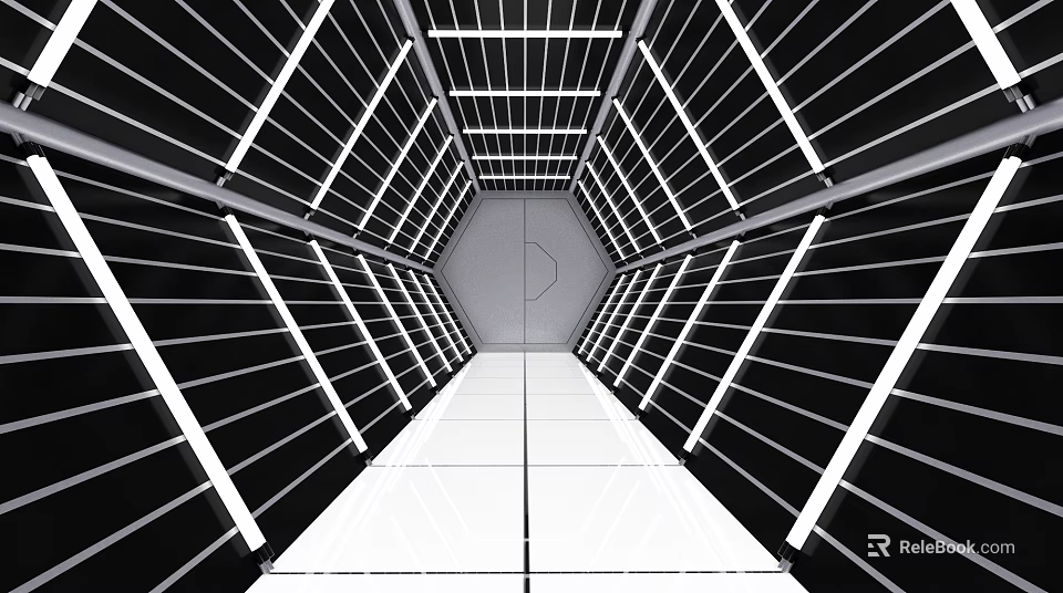 Modern Office Hallway With Linear Design LED Lighting Sleek Floors And Geometric Wall Panels 3d model 
