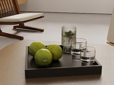Black Tray with Fresh Limes and Glass Cups in Modern Interior Setup 3d model