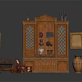 Traditional Interior Design With Wooden Cabinet Brown Sofa Picture Frames And Antique Vase