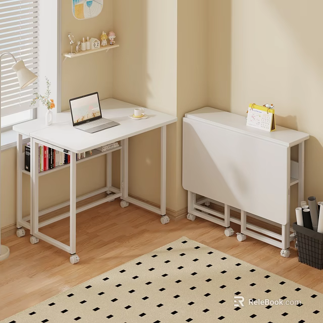 White Rolling Foldable Desks With Laptop Flower Vase Coffee Cup Books And Calendar 3d model 