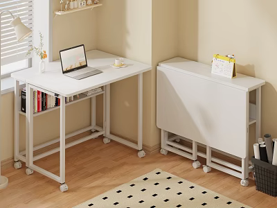 White Rolling Foldable Desks With Laptop Flower Vase Coffee Cup Books And Calendar 3d model