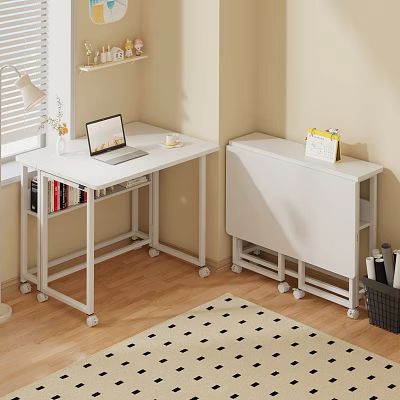 White Rolling Foldable Desks With Laptop Flower Vase Coffee Cup Books And Calendar 3d model