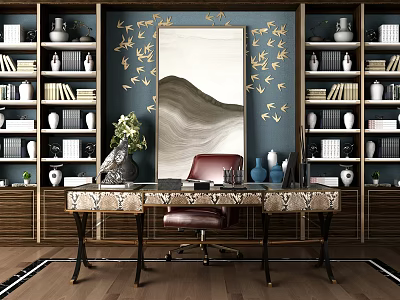 Elegant Dark Wood Bookcase With Books Vases And Golden Bird Decorations On Blue Wall 3d model