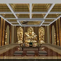 Sacred Buddhist Worship Hall Interior With Golden Buddha Statue Ornate Carvings And Prayer Mats