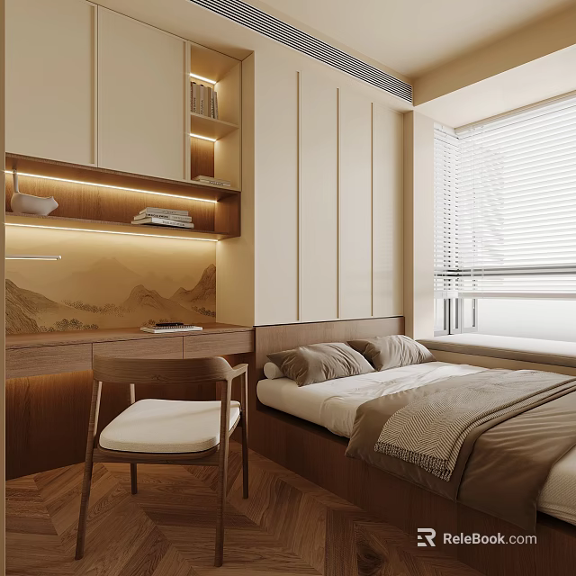 Minimalist Tatami Bedroom Interior With Wooden Desk Bookshelf And Soft Lighting 3d model 