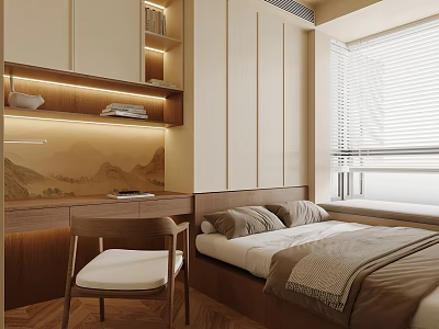 Minimalist Tatami Bedroom Interior With Wooden Desk Bookshelf And Soft Lighting 3d model