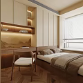 Minimalist Tatami Bedroom Interior With Wooden Desk Bookshelf And Soft Lighting
