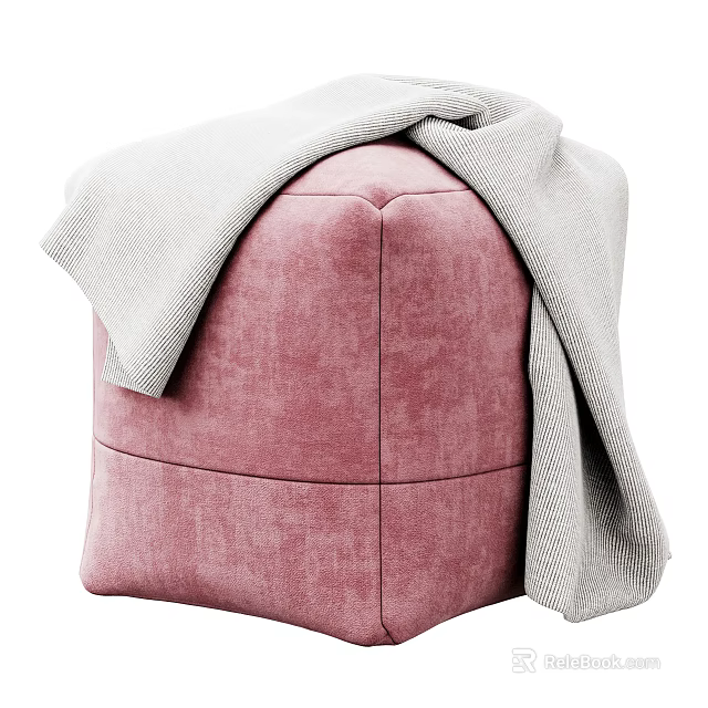 Pink Sofa Stool With Soft Velvet Upholstery And Light Gray Knitted Blanket 3d model 