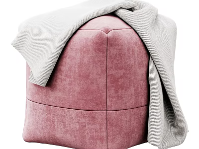 Pink Sofa Stool With Soft Velvet Upholstery And Light Gray Knitted Blanket 3d model
