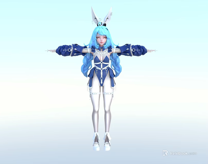 Woman with blue hair rabbit ears wearing blue white outfit arms stretched out 3d model 