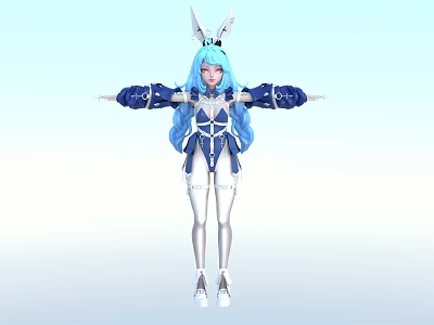 Woman with blue hair rabbit ears wearing blue white outfit arms stretched out 3d model