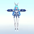 Woman with blue hair rabbit ears wearing blue white outfit arms stretched out