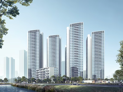 Modern High Rise Residential Buildings With Glass Facades And Green Surroundings 3d model