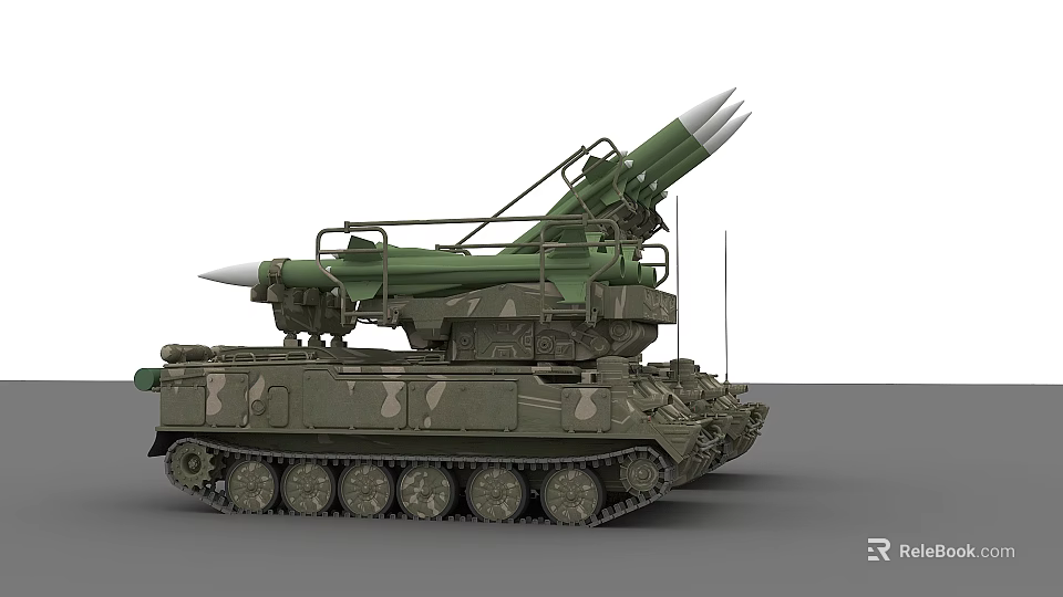 Military Green Camouflage Armored Tank Equipped With Missile Launcher And Tracks 3d model 