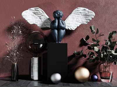 Decorative Ornament Set Angel Statue with White Wings Black Pedestal Vases Sphere Decor and Green Plants 3d model