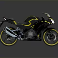 Sporty Black and Yellow Motorcycle with Sleek Fairing Reflective Wheels and Stylish Seat on Dark Background