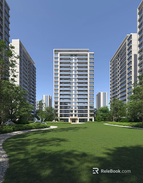 Modern High Rise Residential Building With Spacious Lawn And Lush Surrounding Trees 3d model 