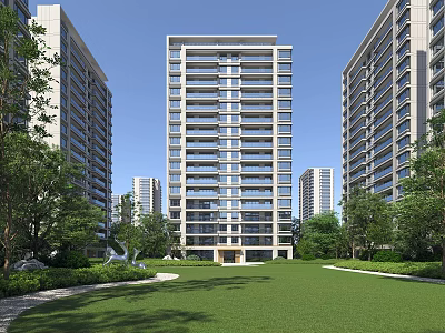Modern High Rise Residential Building With Spacious Lawn And Lush Surrounding Trees 3d model