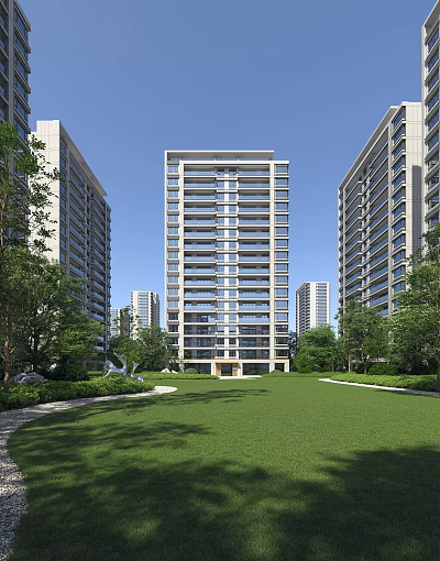 Modern High Rise Residential Building With Spacious Lawn And Lush Surrounding Trees 3d model