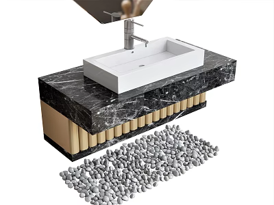 Stylish Sink Vanity With Black Marble Countertop White Basin Silver Faucet Wooden Strips Gray Pebbles 3d model