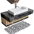 Stylish Sink Vanity With Black Marble Countertop White Basin Silver Faucet Wooden Strips Gray Pebbles