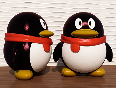 Two Penguin Decorative Ornament Set With Black Body White Belly Red Scarf On Wooden Tabletop 3d model