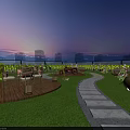 Rooftop Terrace Garden With Wooden Deck Lawn Stone Path Tables Chairs And City Skyline