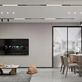 Open Concept Living Dining Room With Modern Sofa Dining Table Cabinets And Ceiling Lights