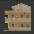 Yellow Two Story Building With Red Roof Wooden Exterior Balcony Multiple Windows And Front Plants