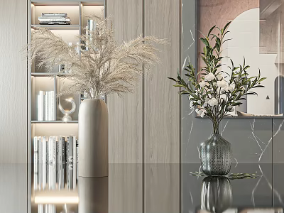 Modern Ceramic and Glass Vases with Dried Pampas Grass and White Floral Arrangements on Tabletop 3d model