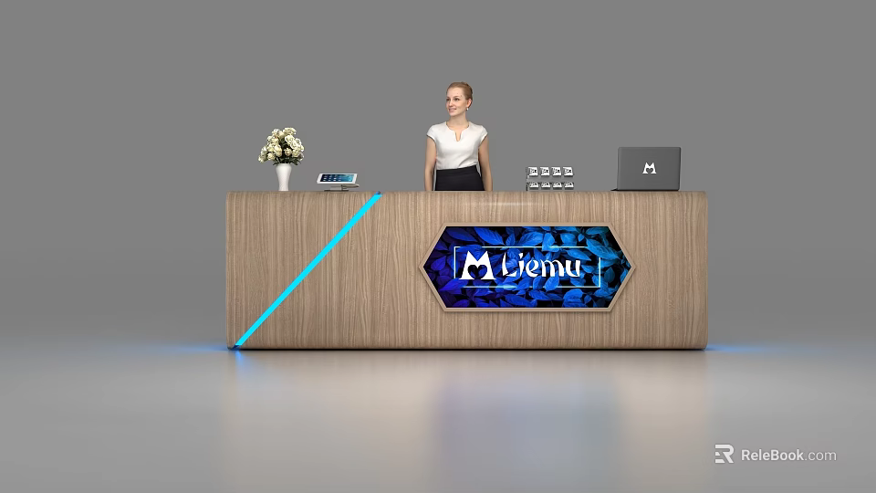 Wooden Reception Desk With Receptionist Flower Vase Tablet Laptop And Illuminated Lienut Logo 3d model 