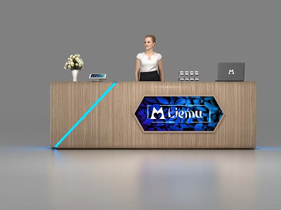 Wooden Reception Desk With Receptionist Flower Vase Tablet Laptop And Illuminated Lienut Logo 3d model