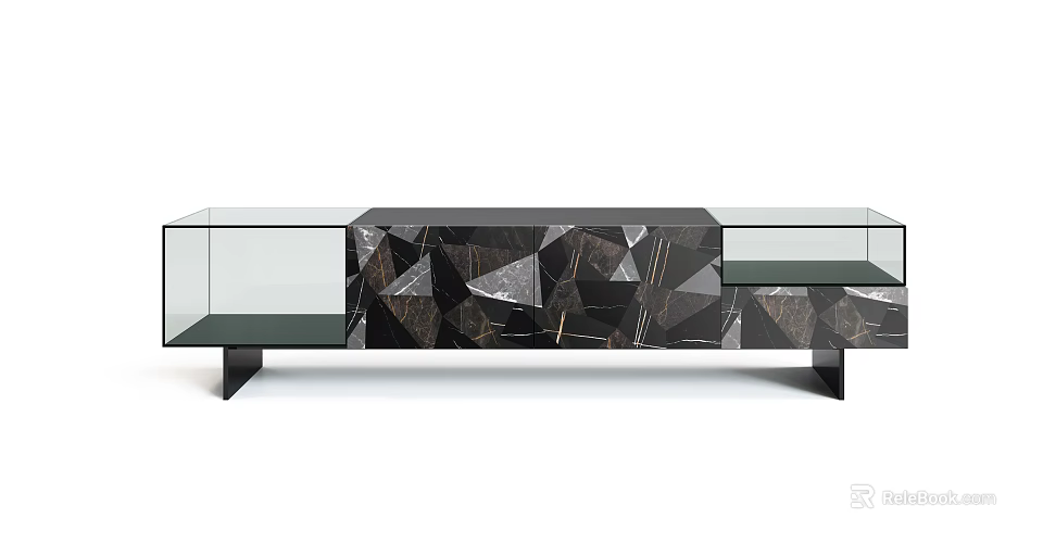 Contemporary Sideboard With Marble Geometric Panels Glass Doors And Black Frame 3d model 