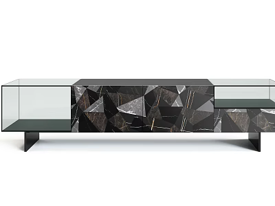Contemporary Sideboard With Marble Geometric Panels Glass Doors And Black Frame 3d model