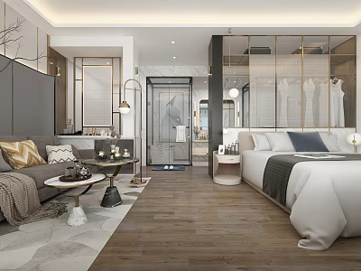 Elegant Modern Hotel Room Interior Design With Sofa Area Bed Wooden Flooring And Glass Partition 3d model