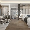 Elegant Modern Hotel Room Interior Design With Sofa Area Bed Wooden Flooring And Glass Partition